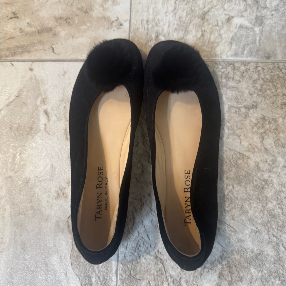 Taryn Rose Black Flats with Pom Detail